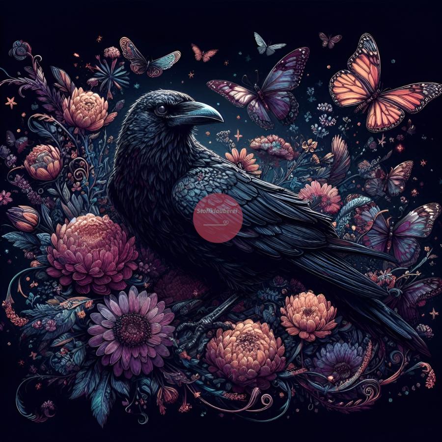 "Rabe mit Blumen und Schmetterling" Kunstleder 40x40cm